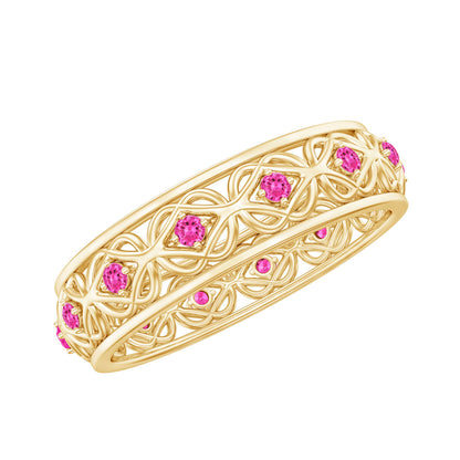 Lab Created Pink Sapphire Wedding Band with Celtic Details