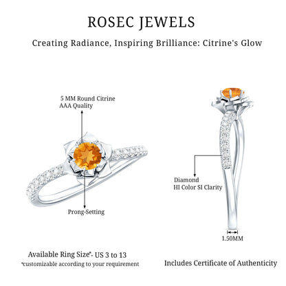 Certified Real Citrine Flower Engagement Ring with Diamond