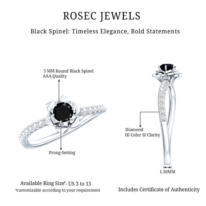 Certified Real Black Spinel Flower Engagement Ring with Diamond