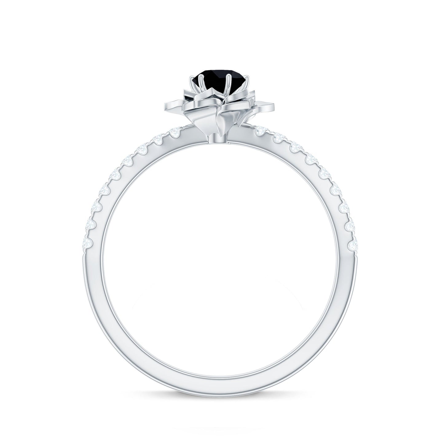 Certified Real Black Spinel Flower Engagement Ring with Diamond