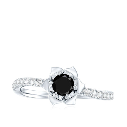 Certified Real Black Spinel Flower Engagement Ring with Diamond
