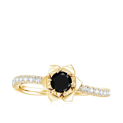 Certified Real Black Spinel Flower Engagement Ring with Diamond