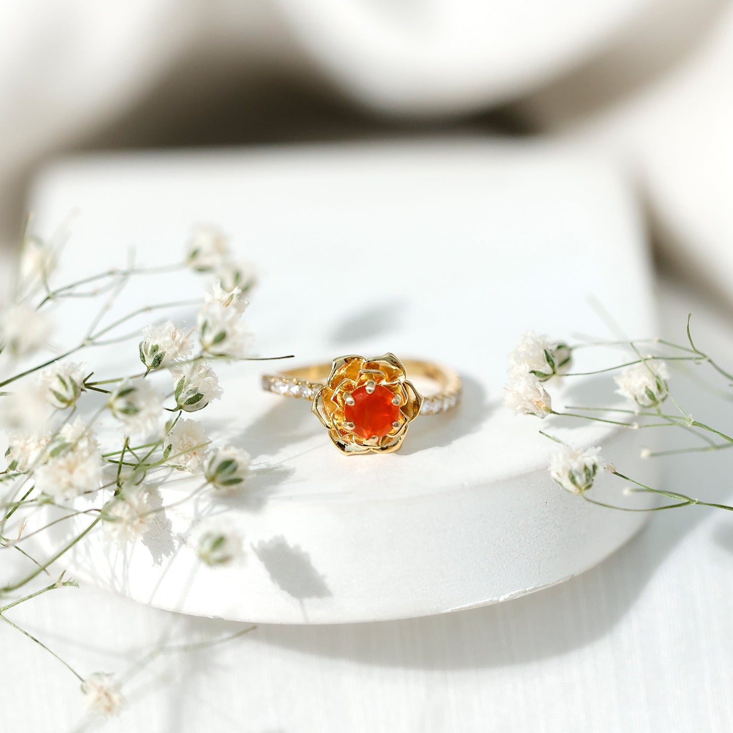 0.45 Carat Fire Opal Flower Engagement Ring with Diamond