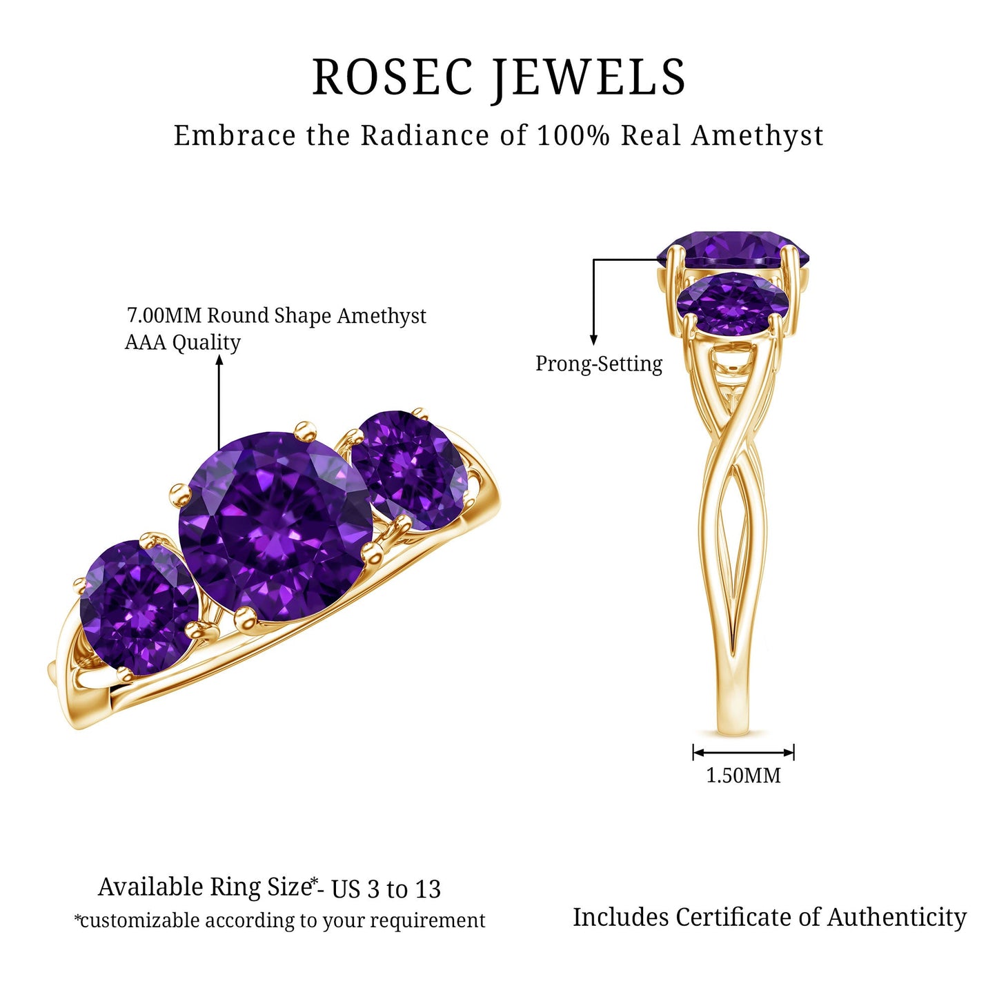 Natural Amethyst 3 Stone Engagement Ring for Women