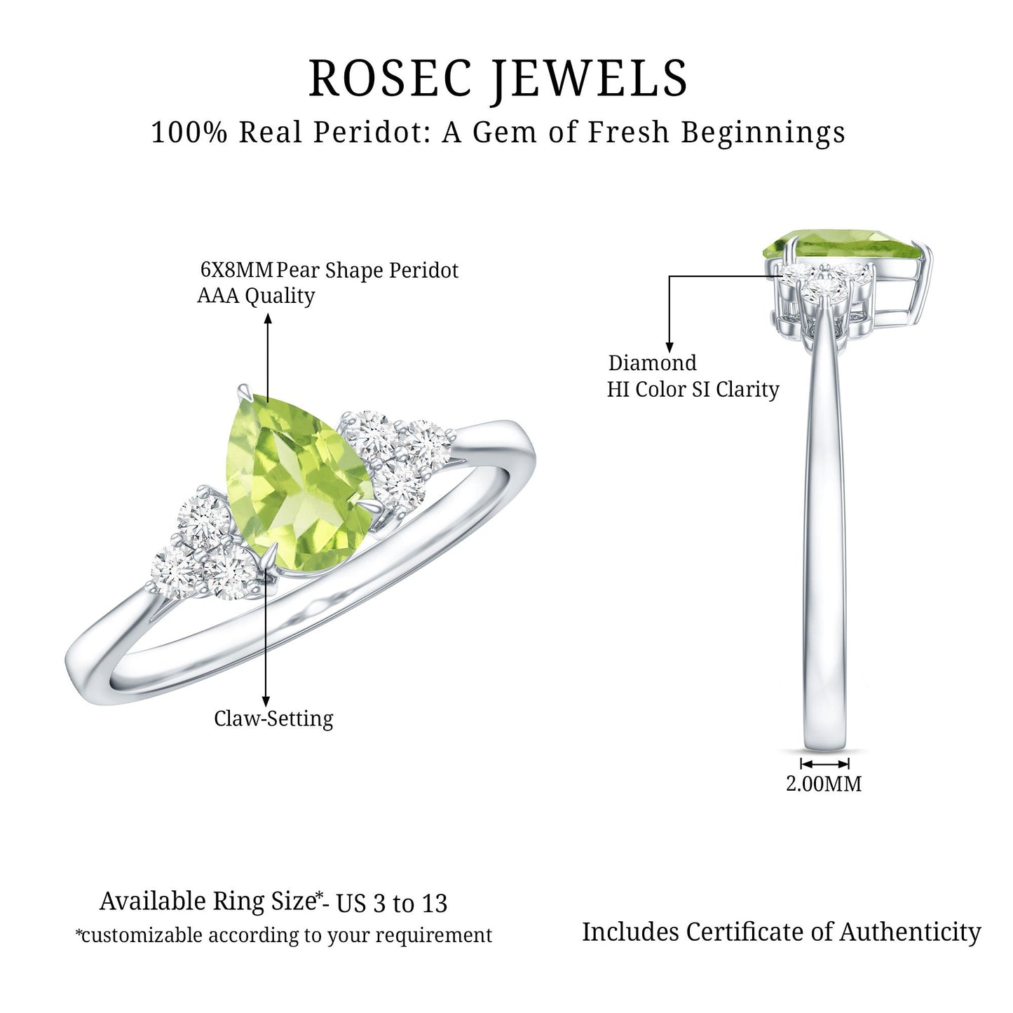 1 Carat Peridot Teardrop Engagement Ring with Diamond Trio