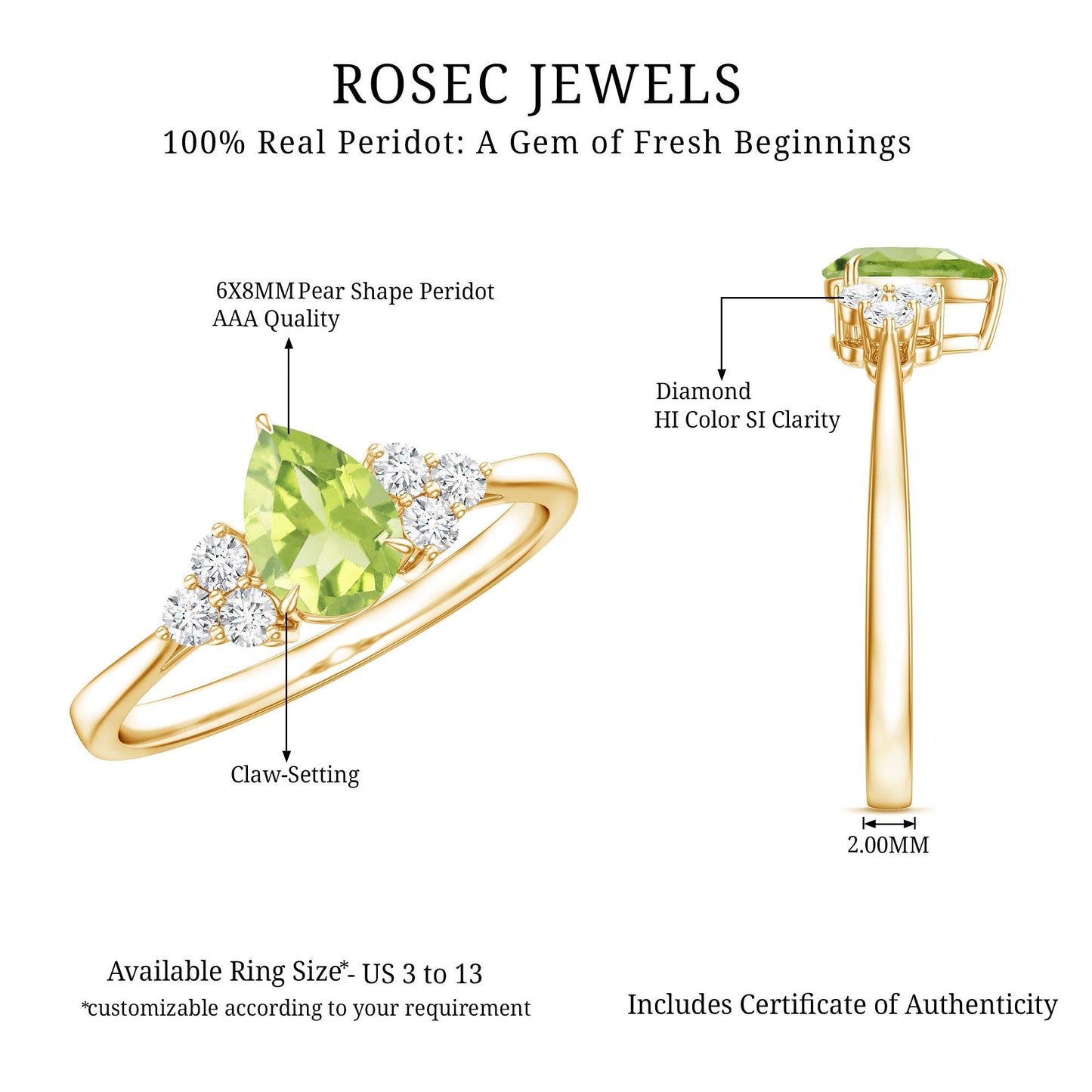 1 Carat Peridot Teardrop Engagement Ring with Diamond Trio