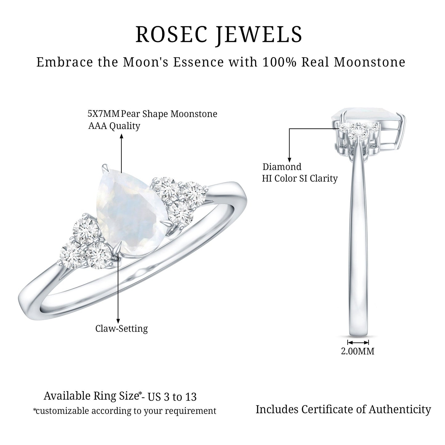 Pear Shape Moonstone Solitaire Ring with Diamond Trio