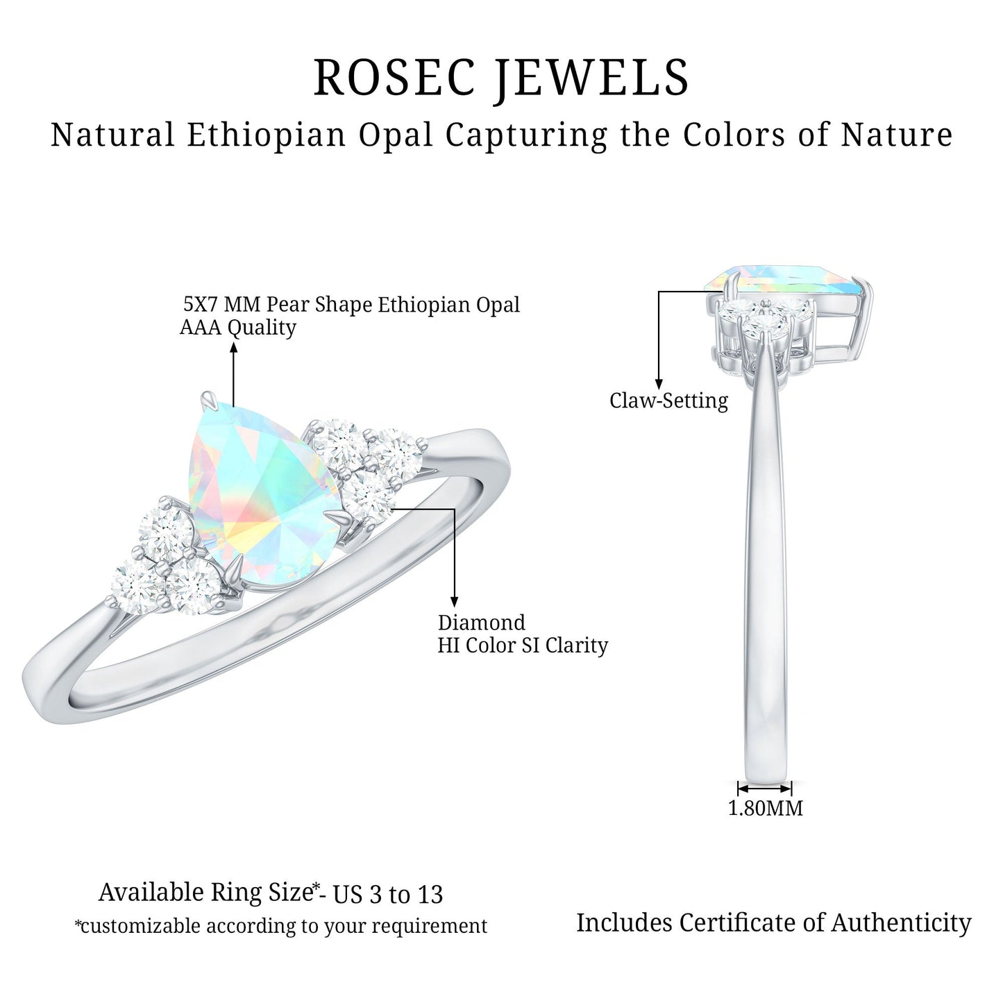 Certified Real Opalescent Pear Shaped Engagement Ring with Diamond Trio