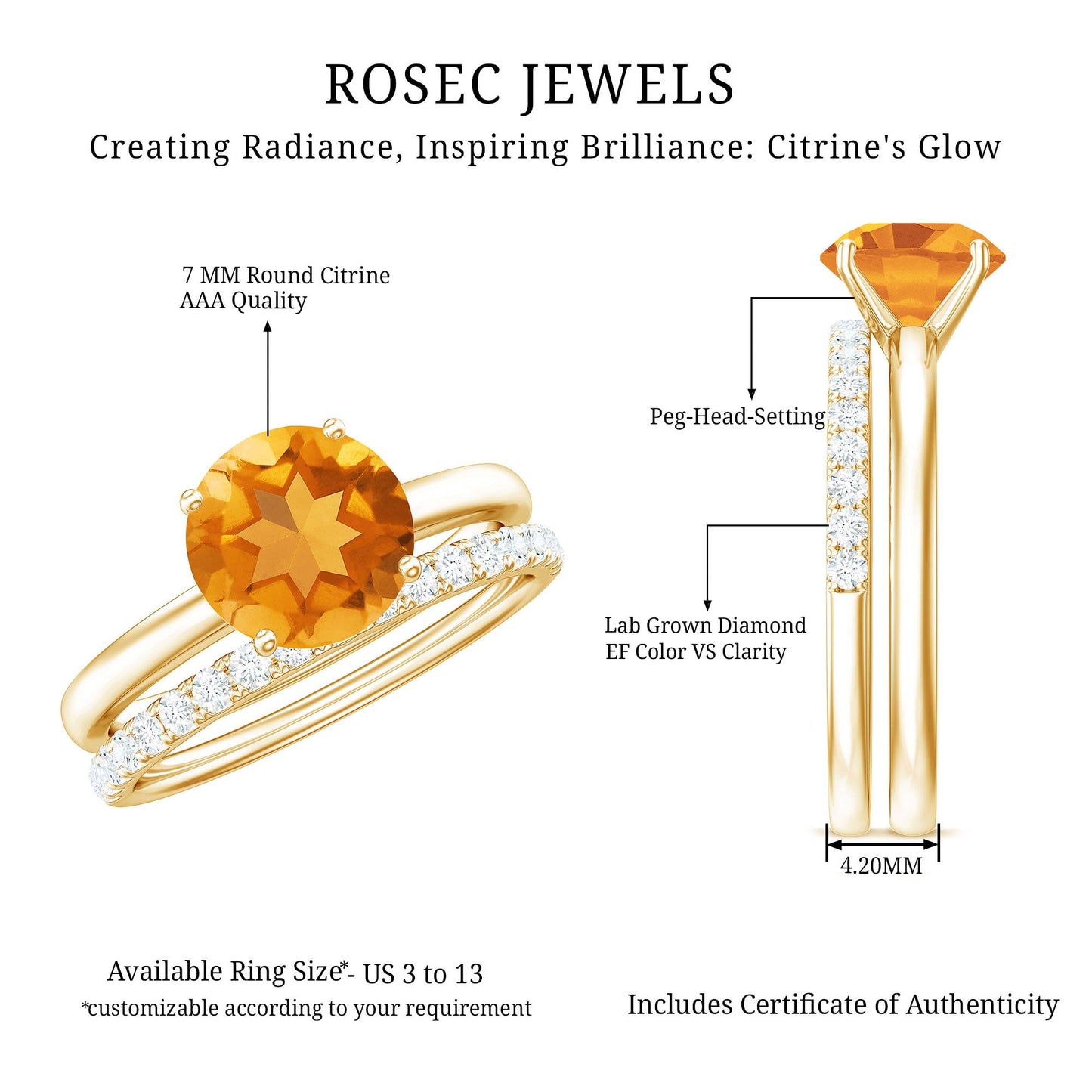 Natural Citrine Wedding Bridal Ring Set with Diamond