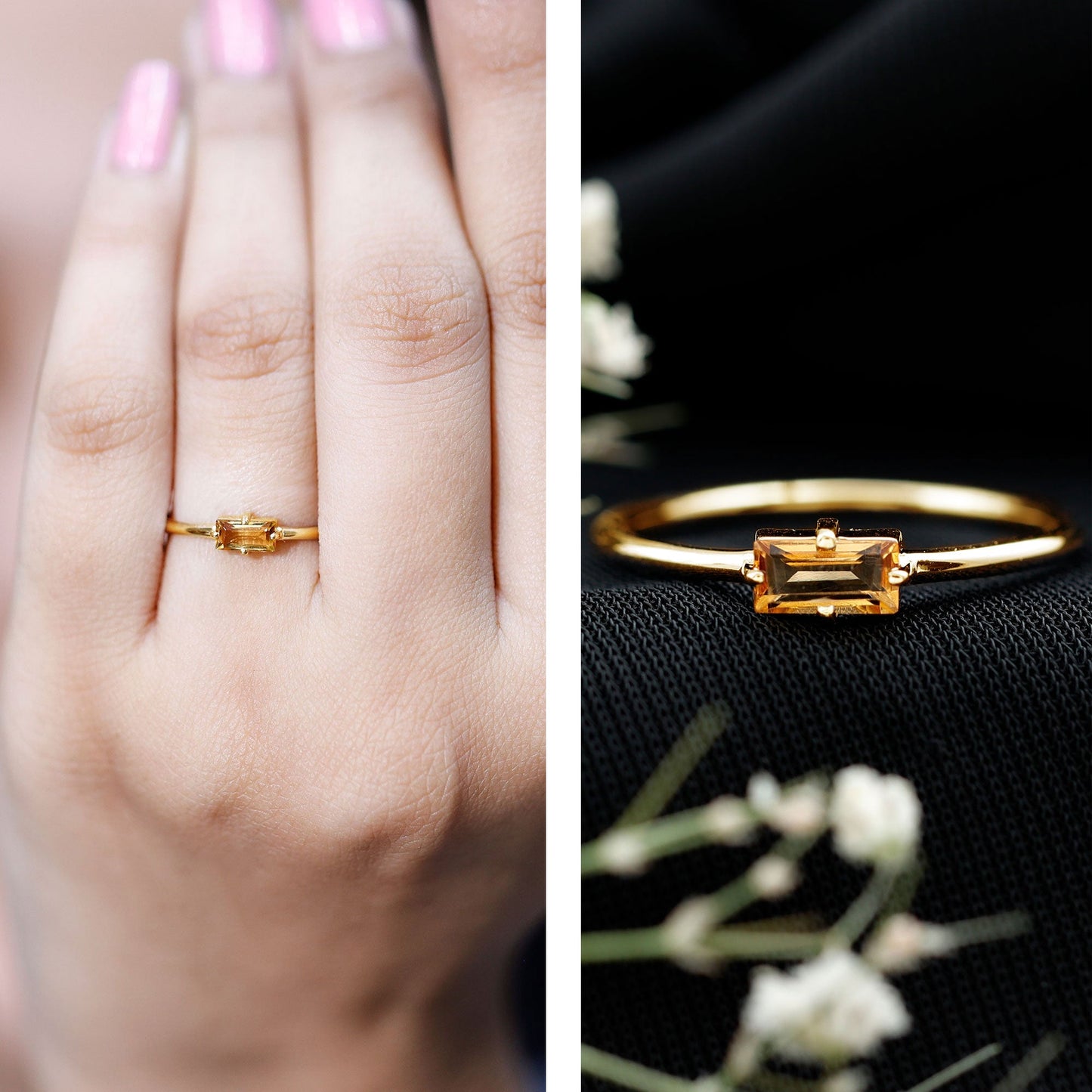 Natural Baguette Citrine Promise Ring in East West Style