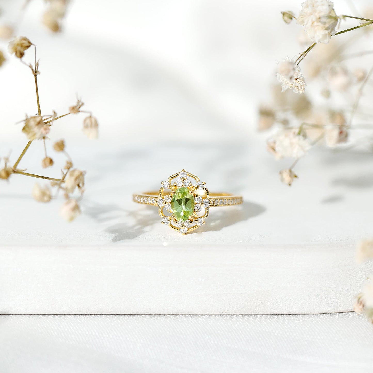 Peridot and Diamond Vintage Looking Engagement Ring