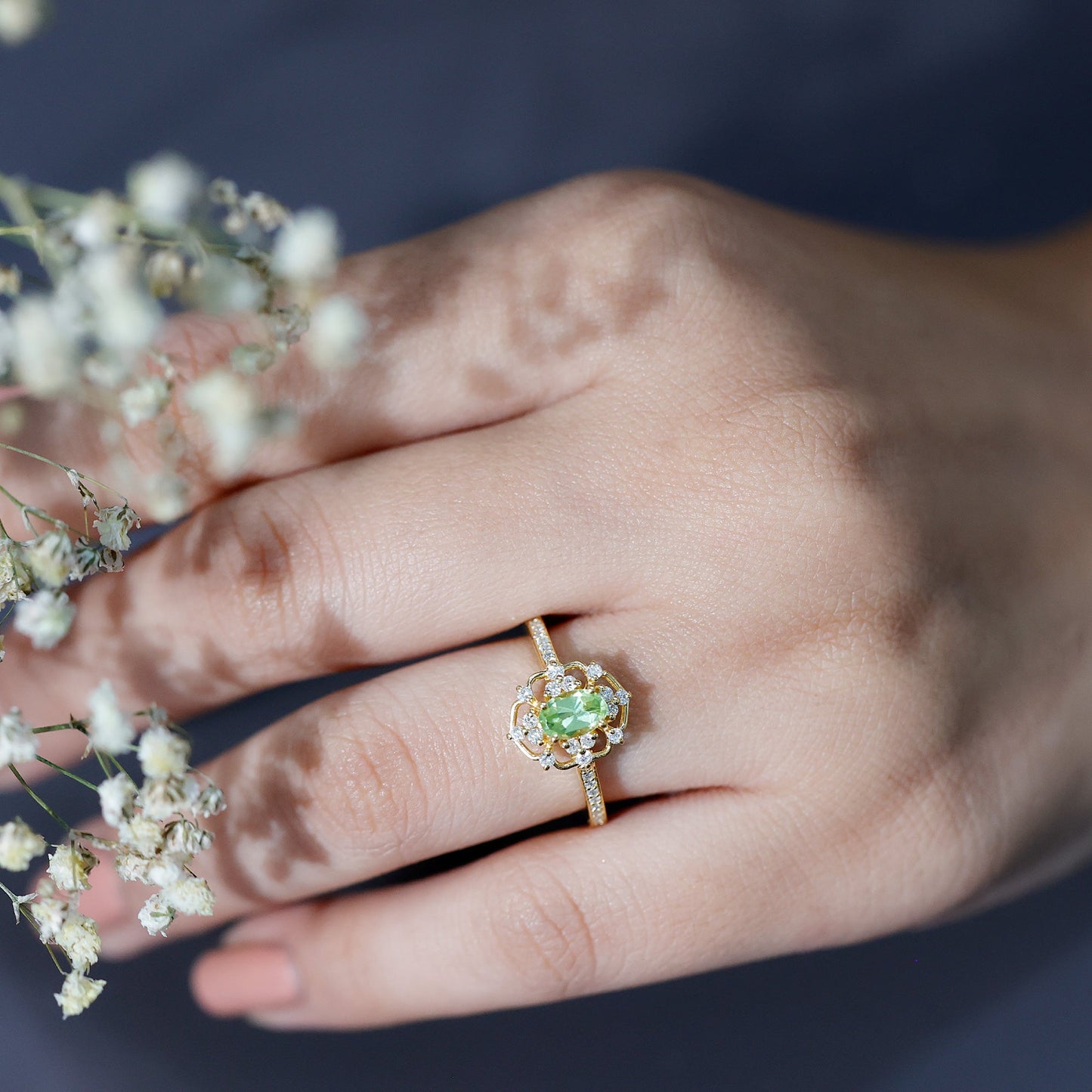 Peridot and Diamond Vintage Looking Engagement Ring