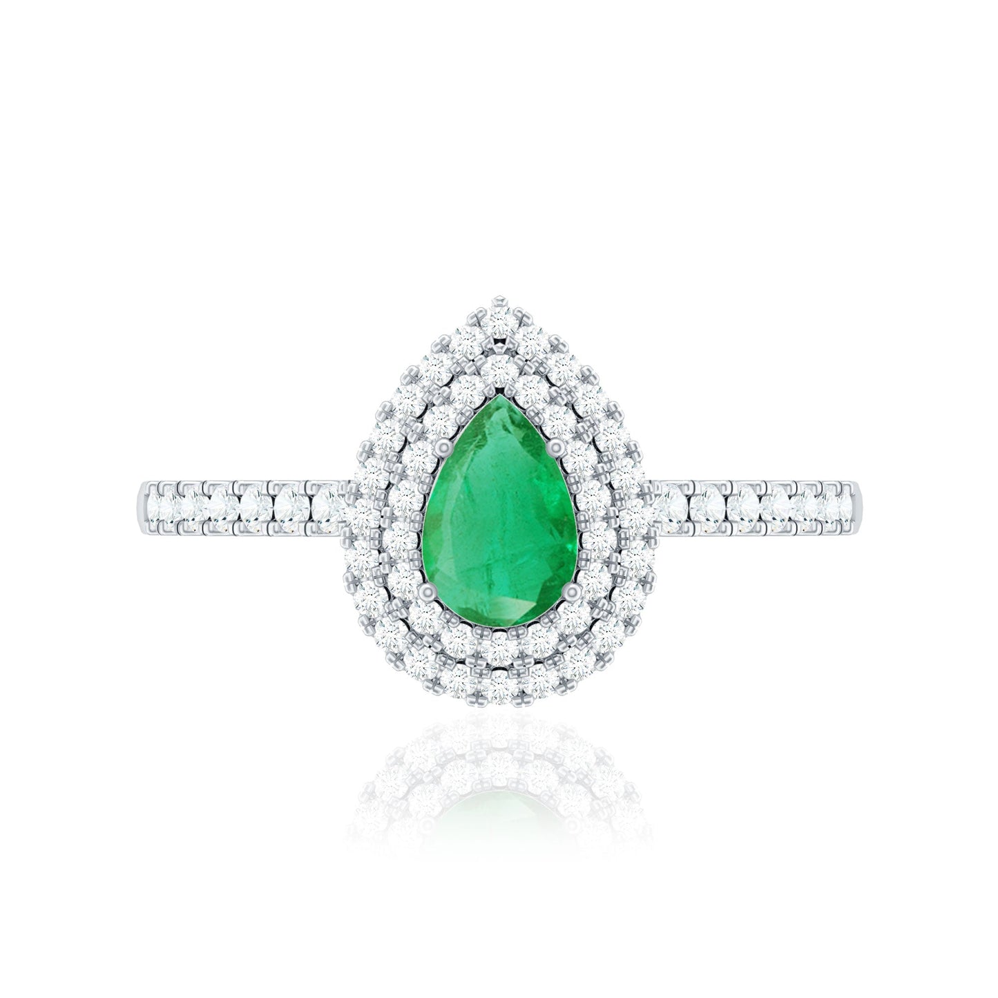 Natural Emerald Teardrop Engagement Ring with Diamond Double Halo