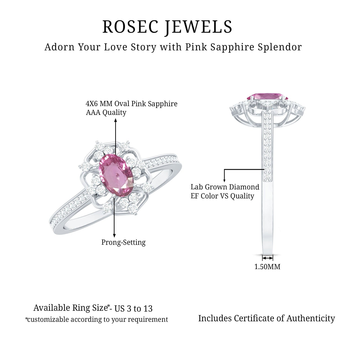 Natural Pink Sapphire Diamond Vintage Engagement Ring in Silver