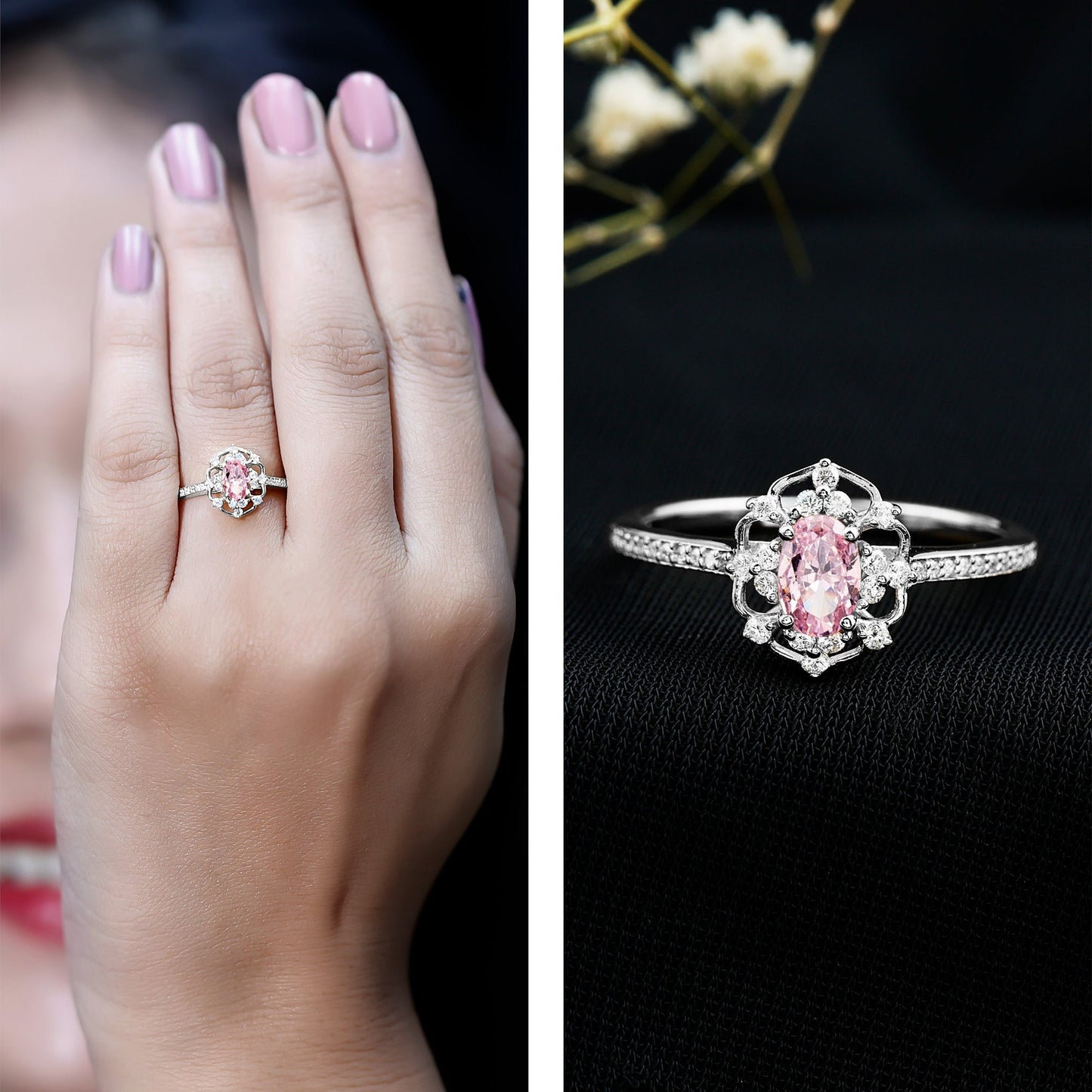 Natural Pink Sapphire Diamond Vintage Engagement Ring in Silver