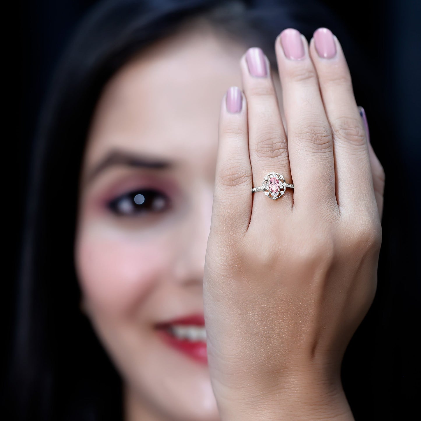 Natural Pink Sapphire Diamond Vintage Engagement Ring in Silver