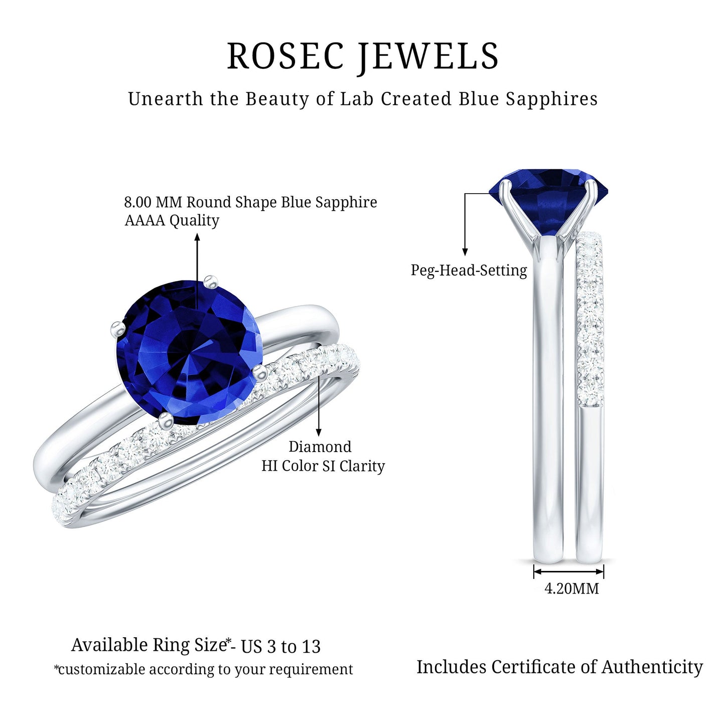 2.7 Carat Round Shape Lab Created Blue Sapphire Solitaire Wedding Ring Set with Diamond Band