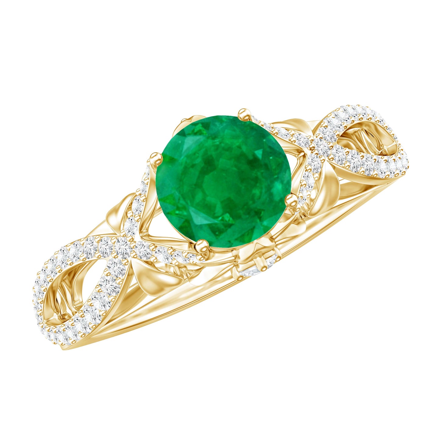 Designer Emerald Crossover Engagement Ring with Diamond