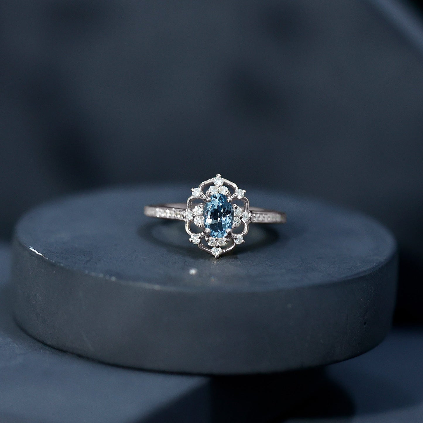 Vintage Style Aquamarine and Diamond Engagement Ring in Gold Plated Silver