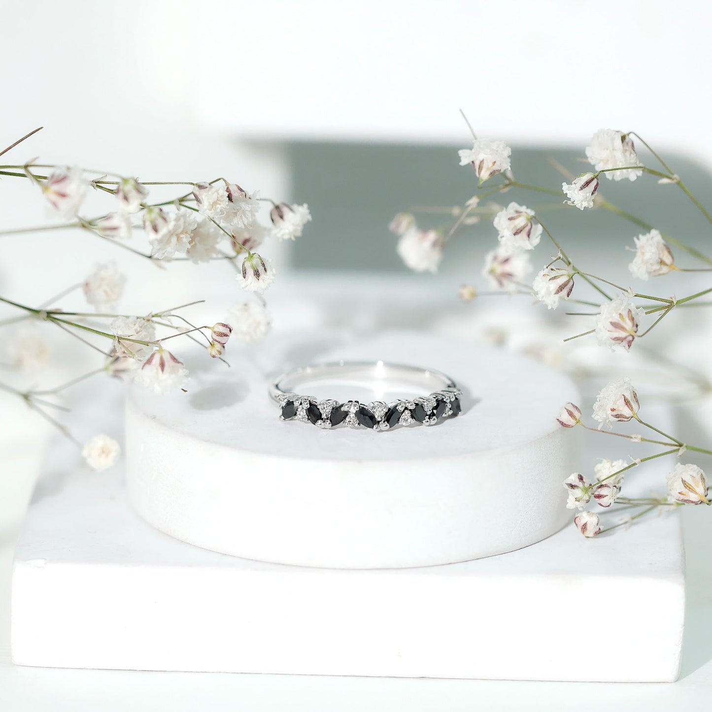 Natural Marquise Black Spinel Diamond Half Eternity Ring