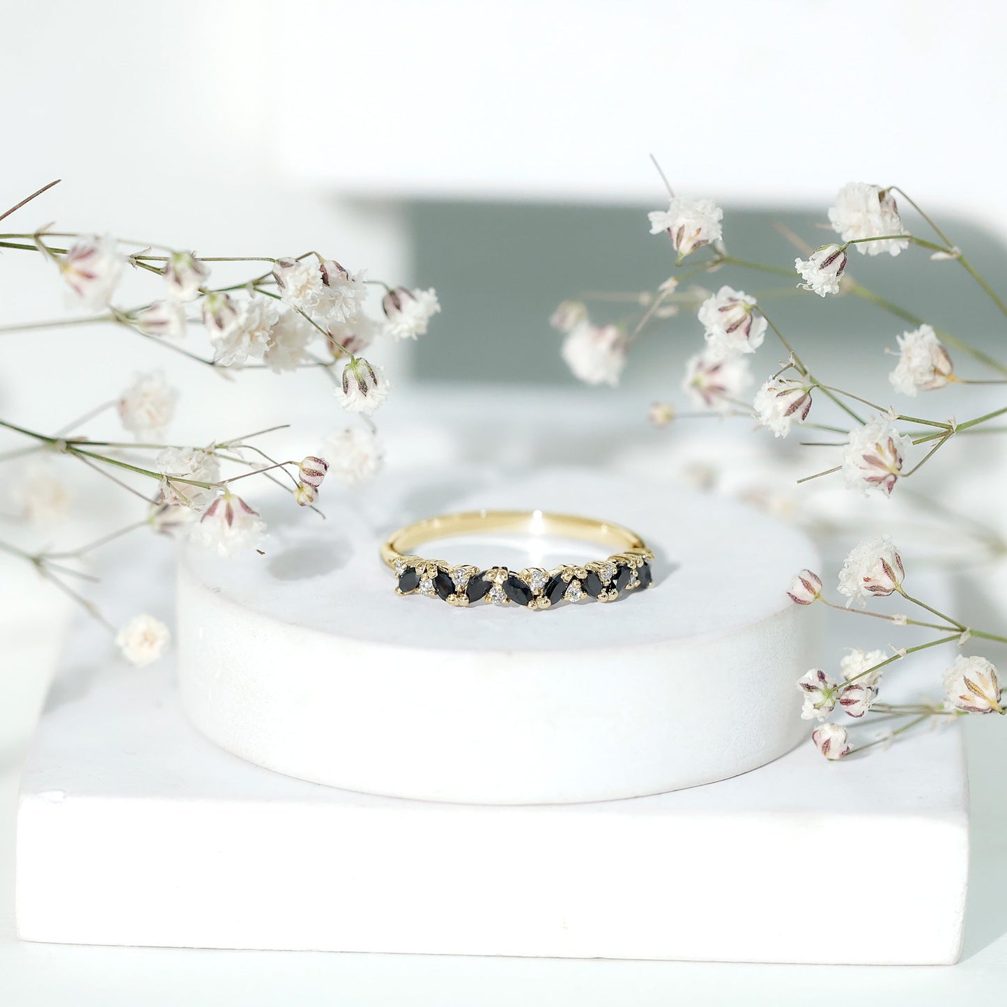 Natural Marquise Black Spinel Diamond Half Eternity Ring