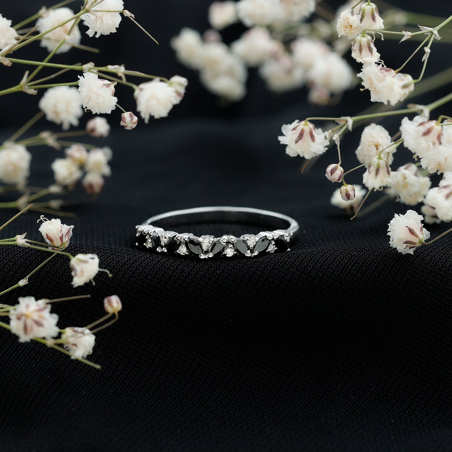 Minimalist Black Onyx and Diamond Half Eternity Ring