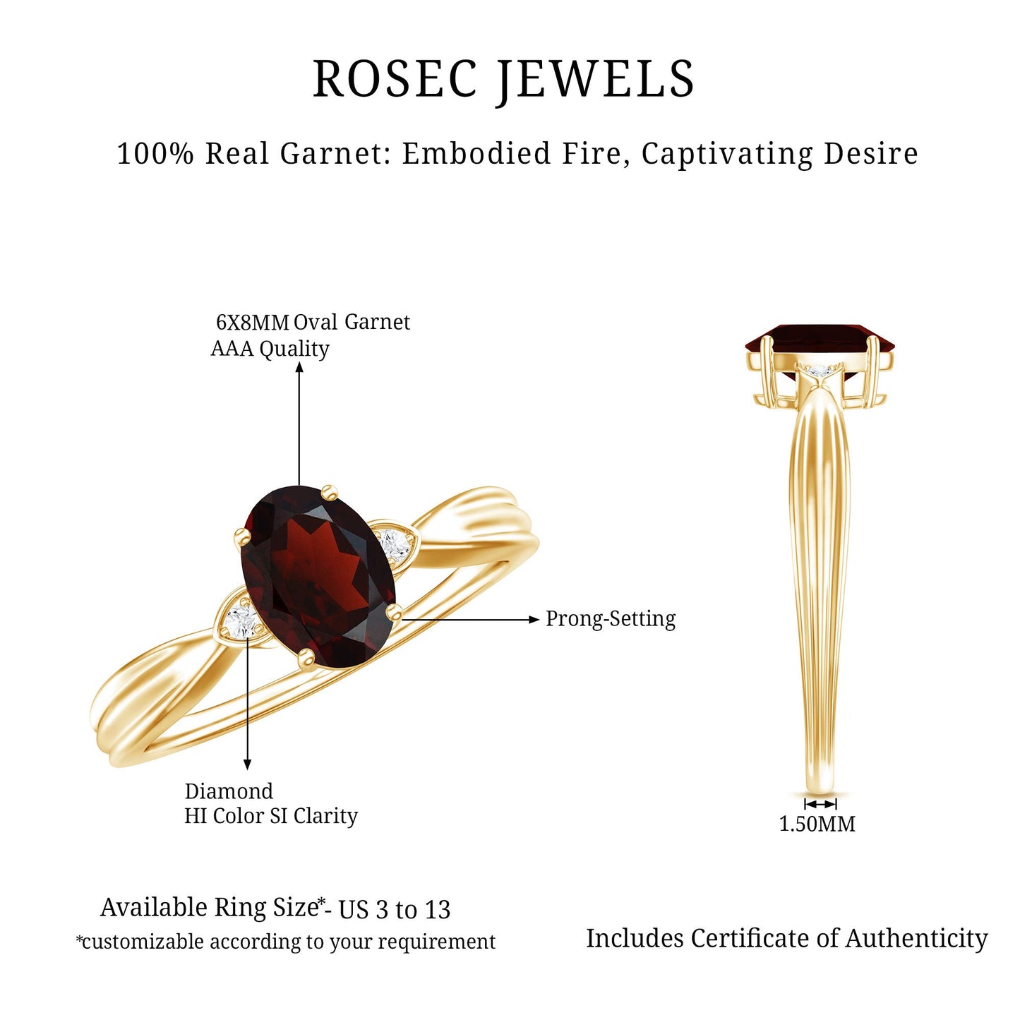 Certified Natural Garnet Diamond Oval Engagement Ring with Pinched Shank