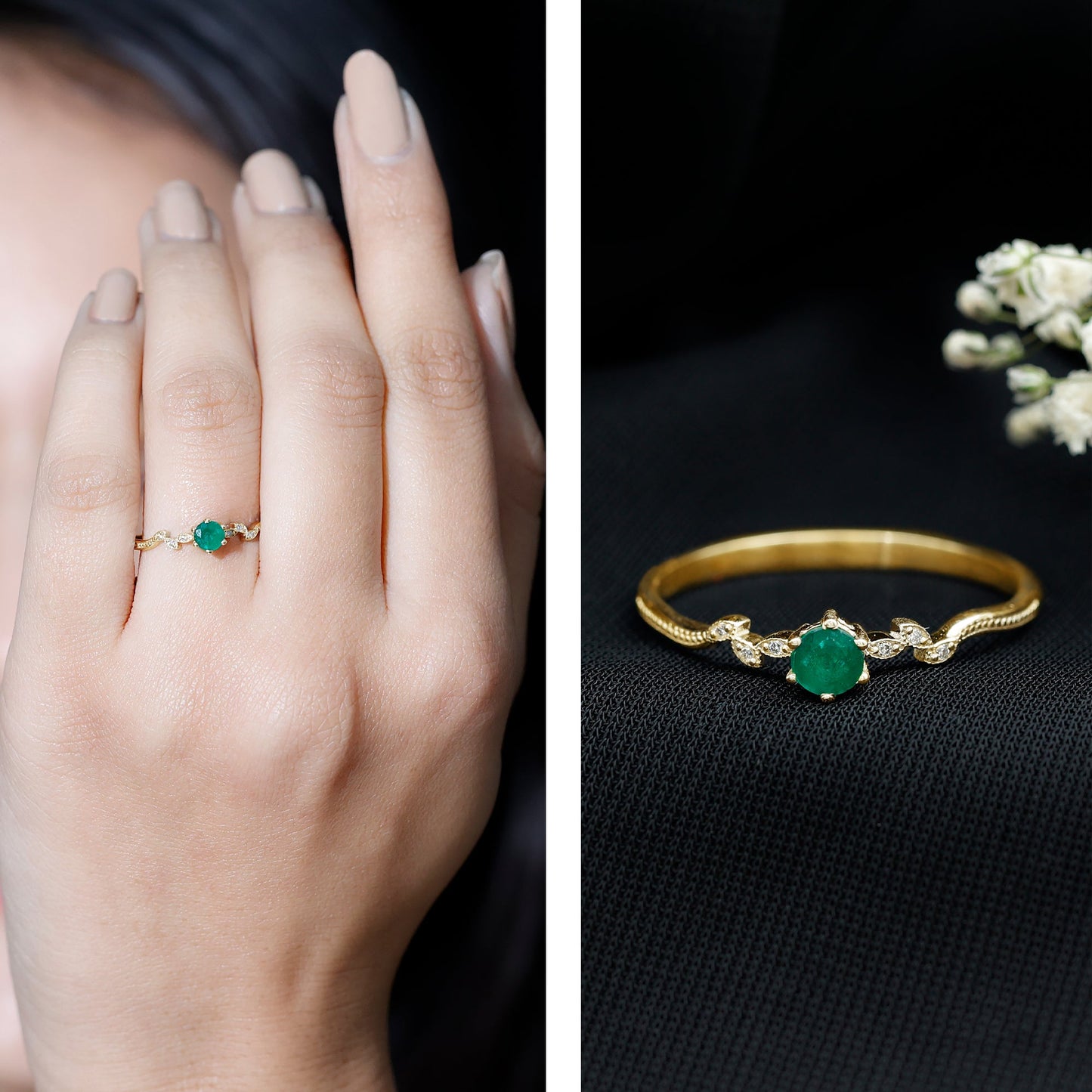 Nature Inspired Emerald Promise Ring with Diamond