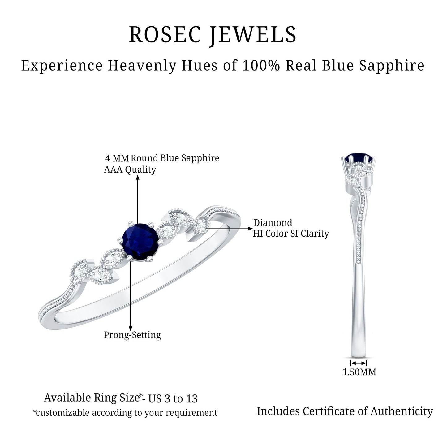 Minimalist Blue Sapphire and Diamond Leaf Promise Ring with Certificate