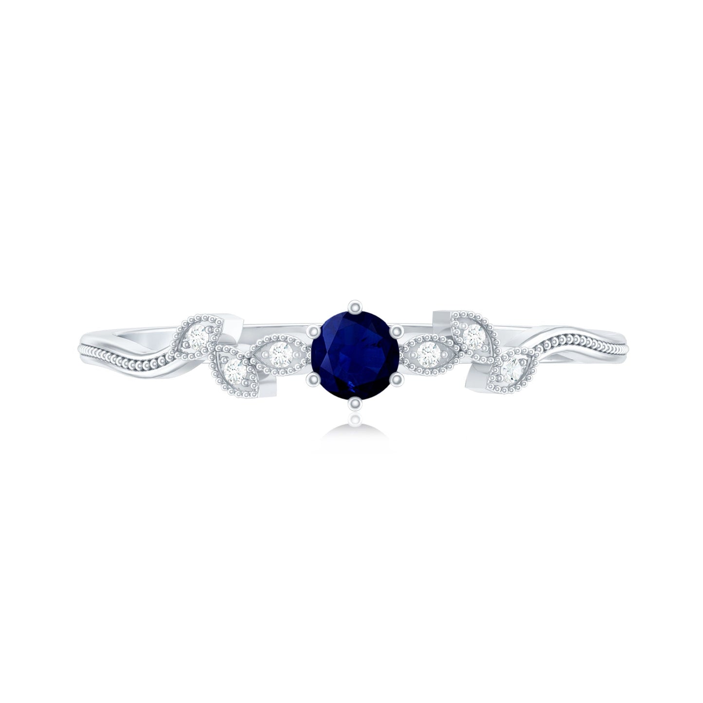 Minimalist Blue Sapphire and Diamond Leaf Promise Ring with Certificate