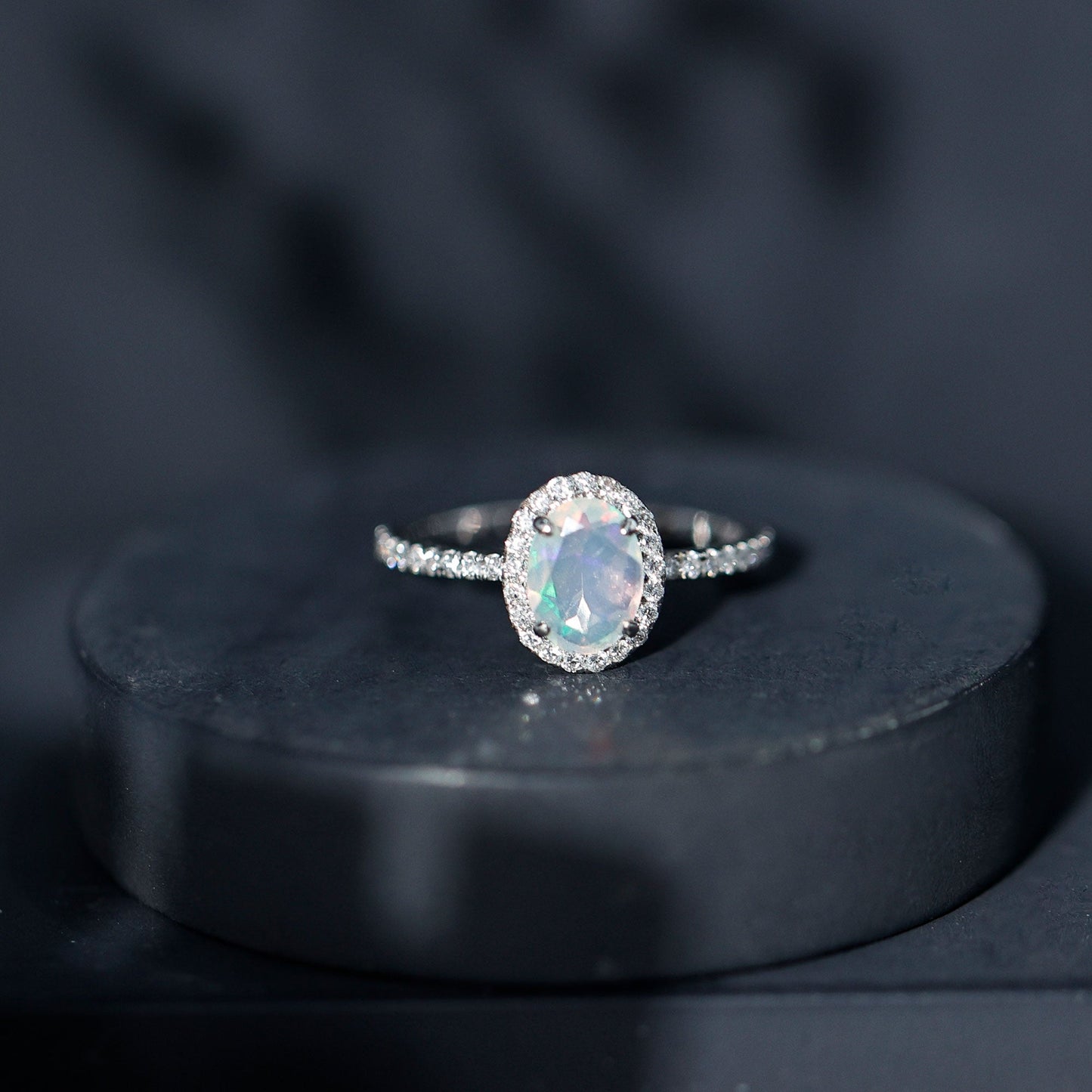 Certified Real 1.2 Carat Ethiopian Opal Oval Engagement Ring with Diamond Halo