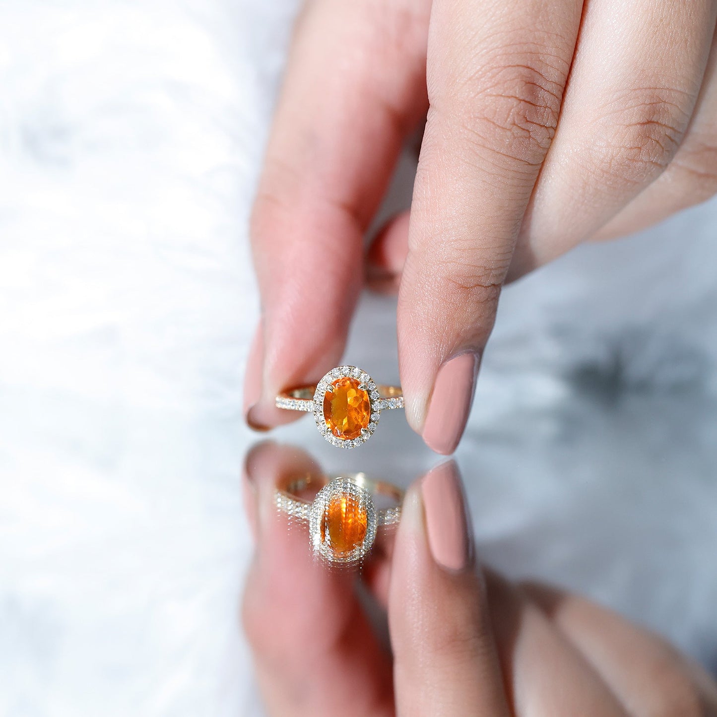 Oval 1 Carat Fire Opal Engagement Ring with Diamond Halo