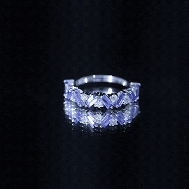 Baguette Cut Tanzanite and Diamond Half Eternity Stackable Ring