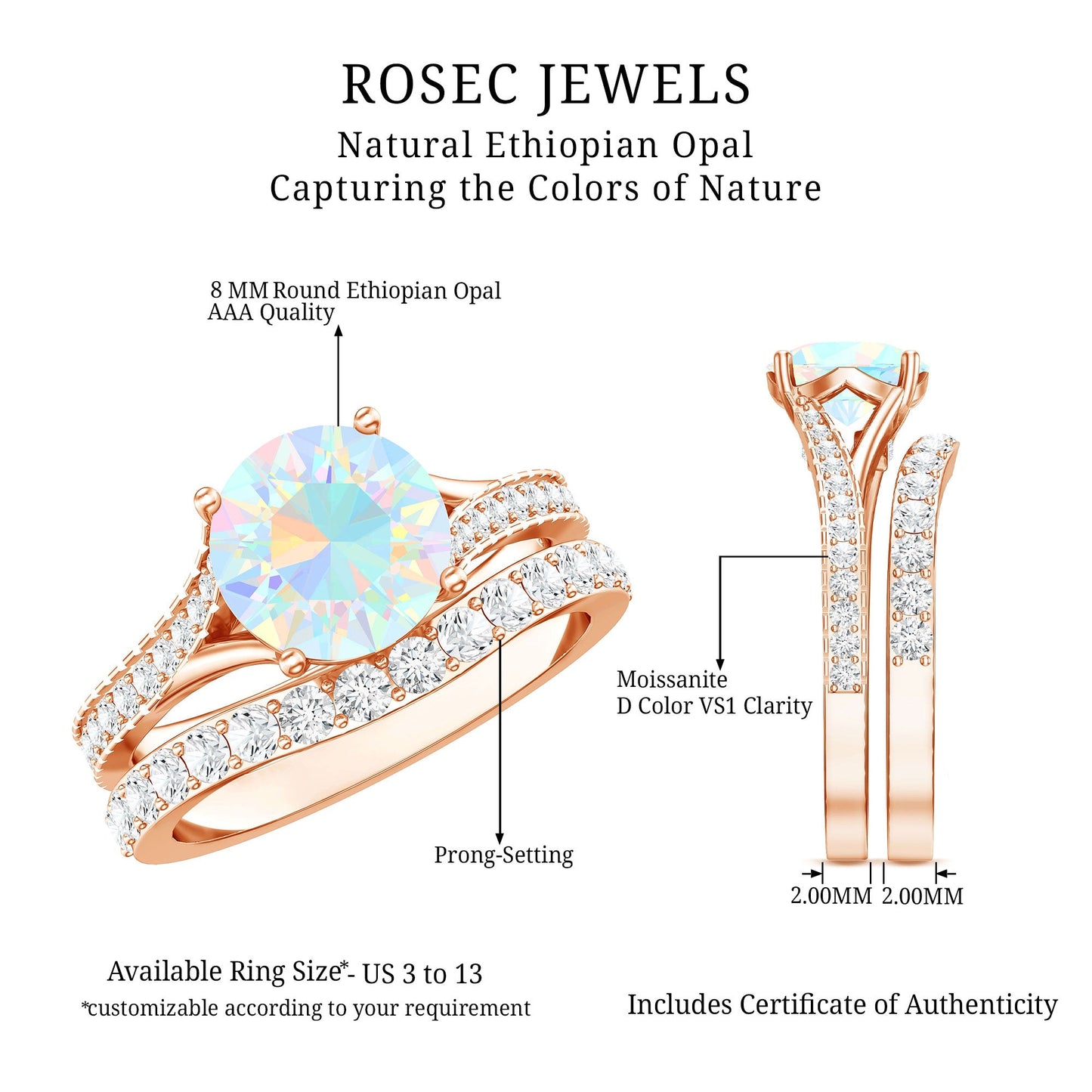 Natural Ethiopian Opal Split Shank Engagement Ring with Wedding Band