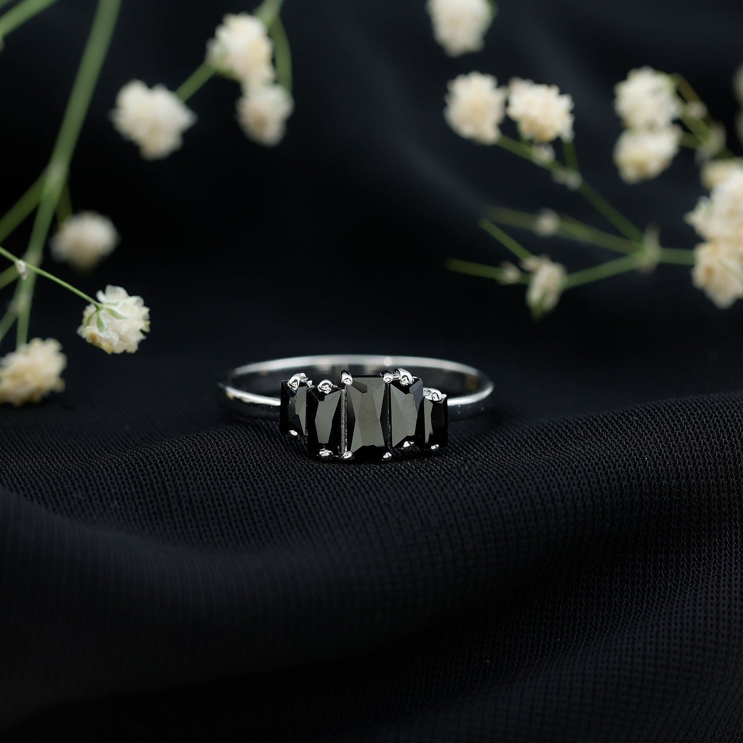Baguette Cut Black Onyx 5 Stone Anniversary Ring
