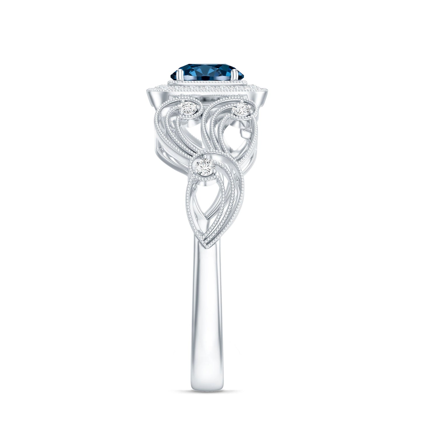 Certified London Blue Topaz Art Deco Engagement Ring with Diamond Halo