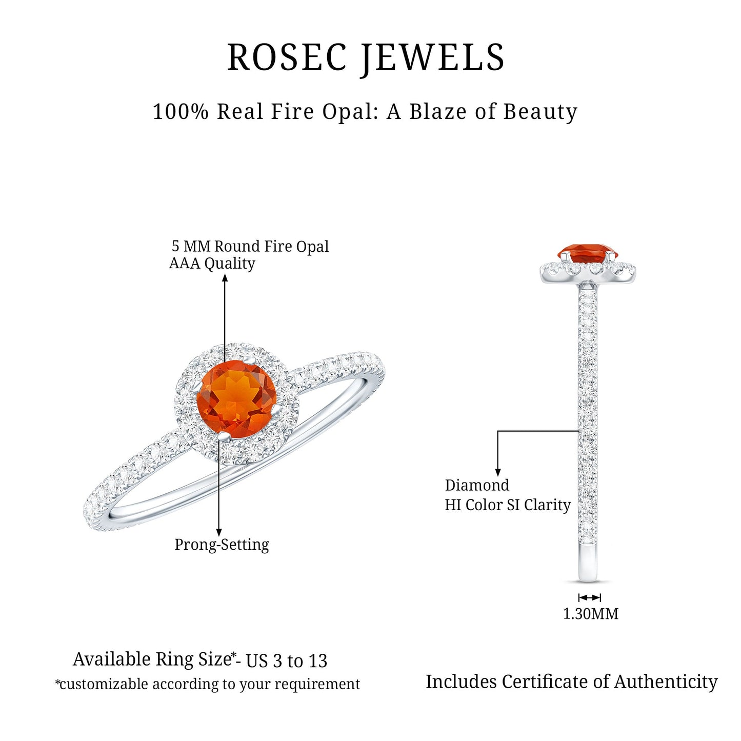 Round Fire Opal Minimal Engagement Ring with Diamond
