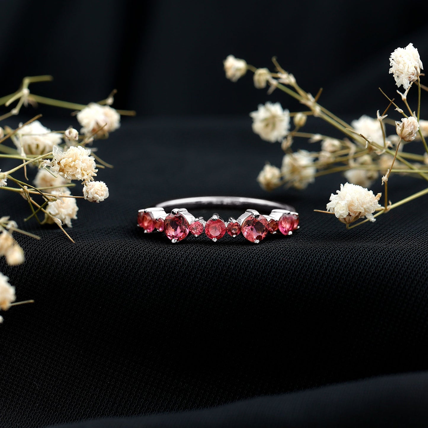 Certified Pink Tourmaline Half Eternity Band Ring