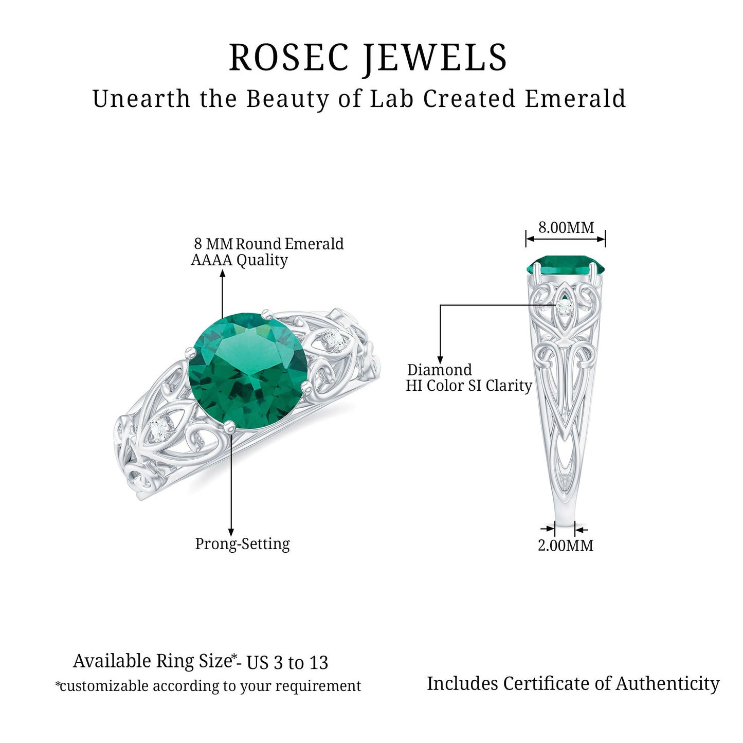 Certified 2 Carat Lab Grown Emerald Antique Engagement Ring