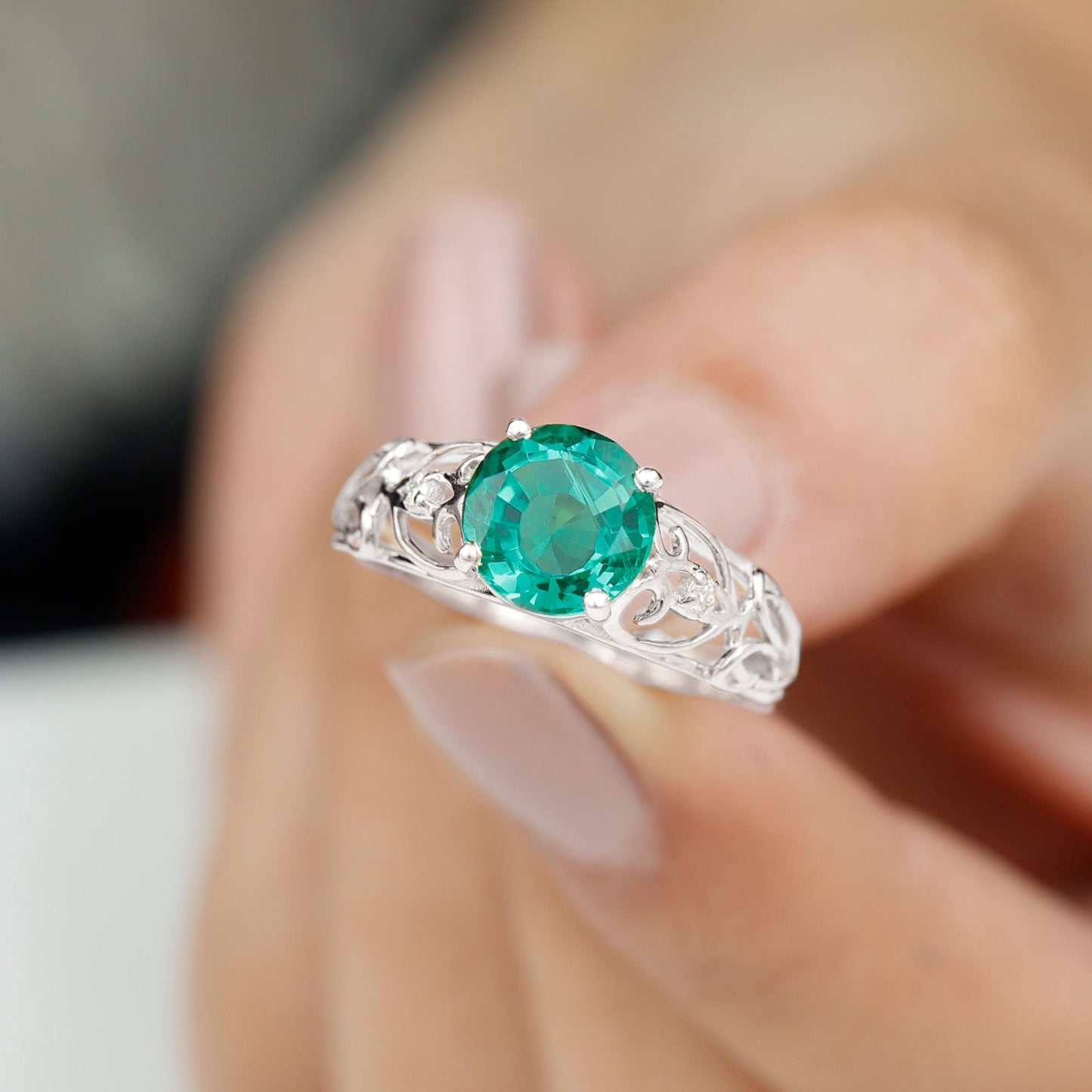 Certified 2 Carat Lab Grown Emerald Antique Engagement Ring