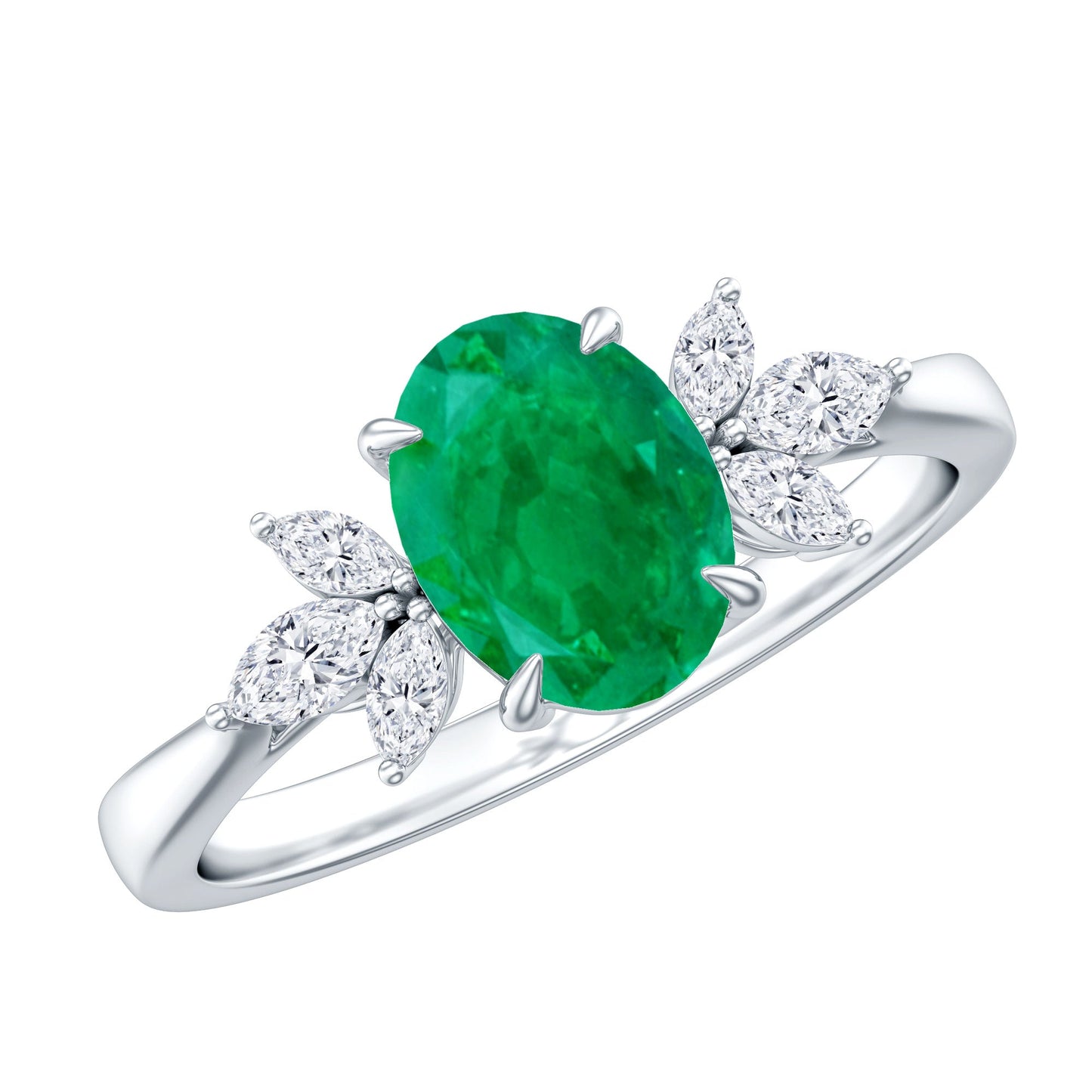 Natural 1.2 Carat Oval Emerald Engagement Ring with Diamond Trio