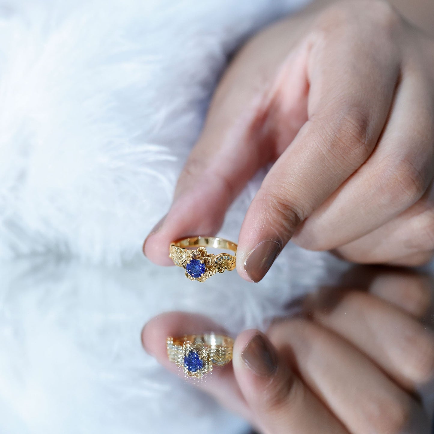 Certified Lab Grown Blue Sapphire Flower Engagement Ring with Diamond