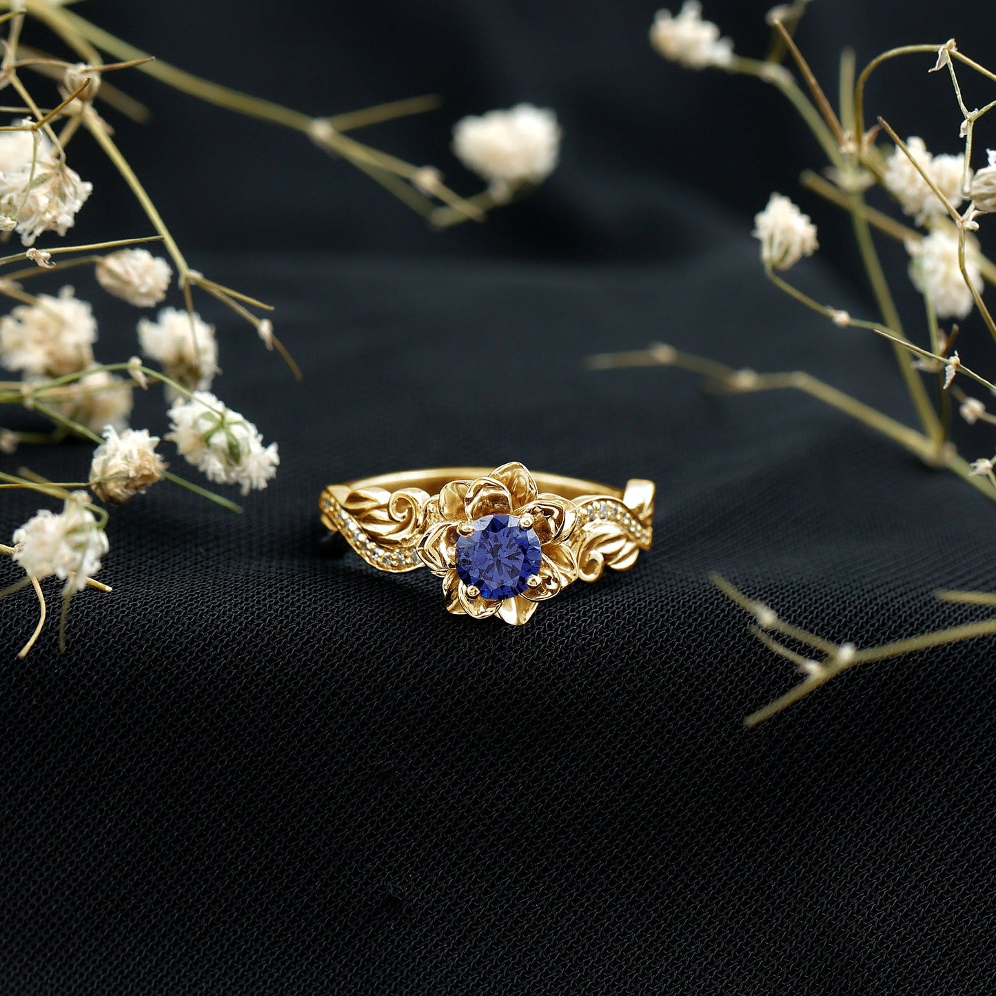 Certified Lab Grown Blue Sapphire Flower Engagement Ring with Diamond