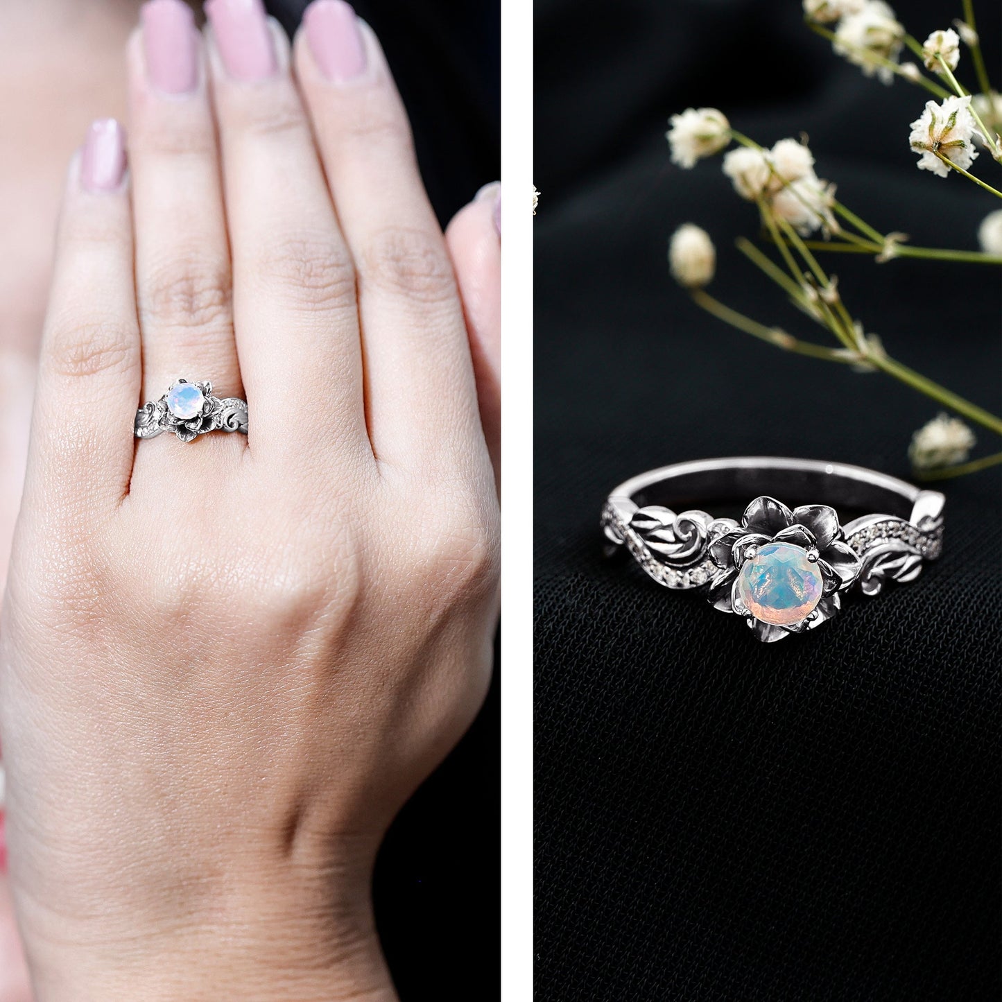 Genuine Ethiopian Opal Flower Engagement Ring With Real Diamond