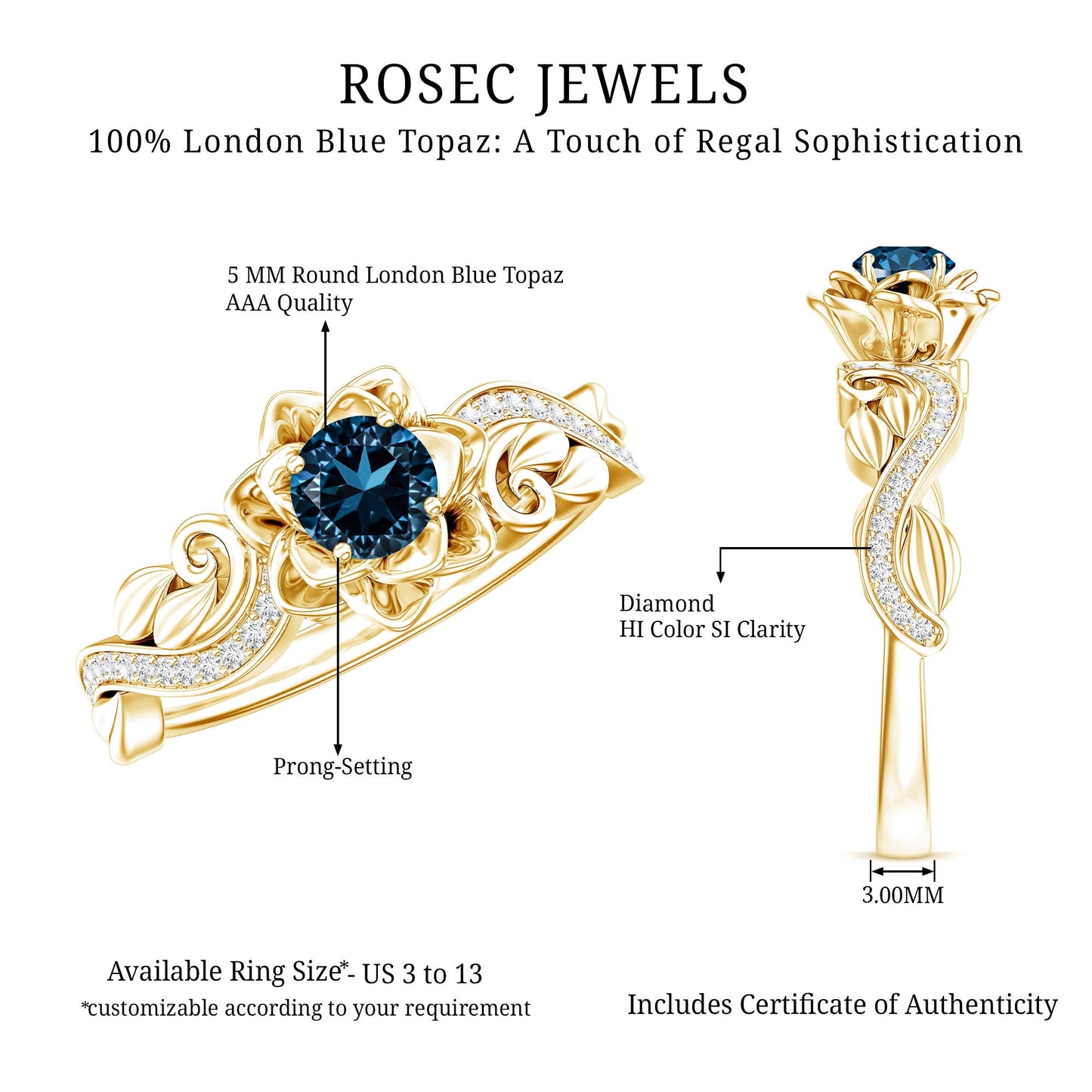 0.6 Carat Round Shape London Blue Topaz Nature Inspired Engagement Ring with Diamond