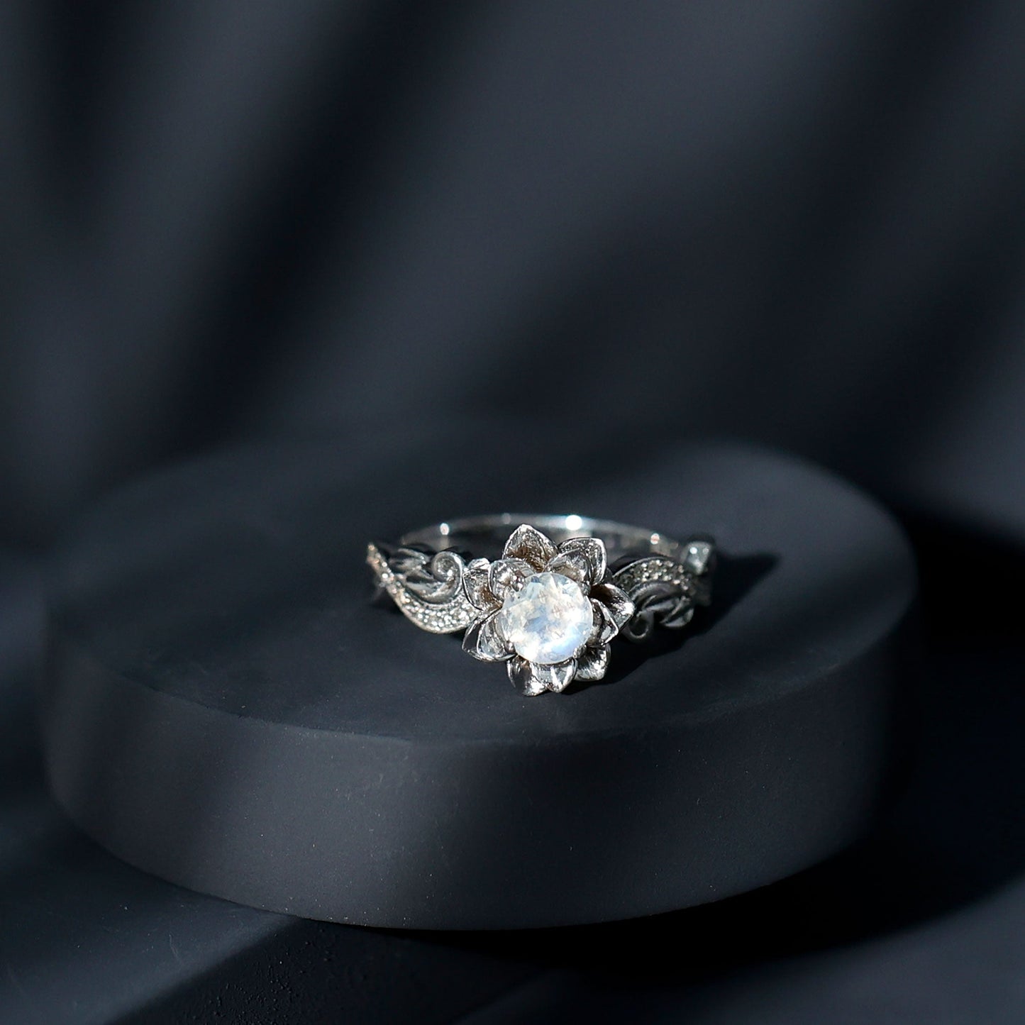 Natural Moonstone Rose Flower Engagement Ring With Diamond