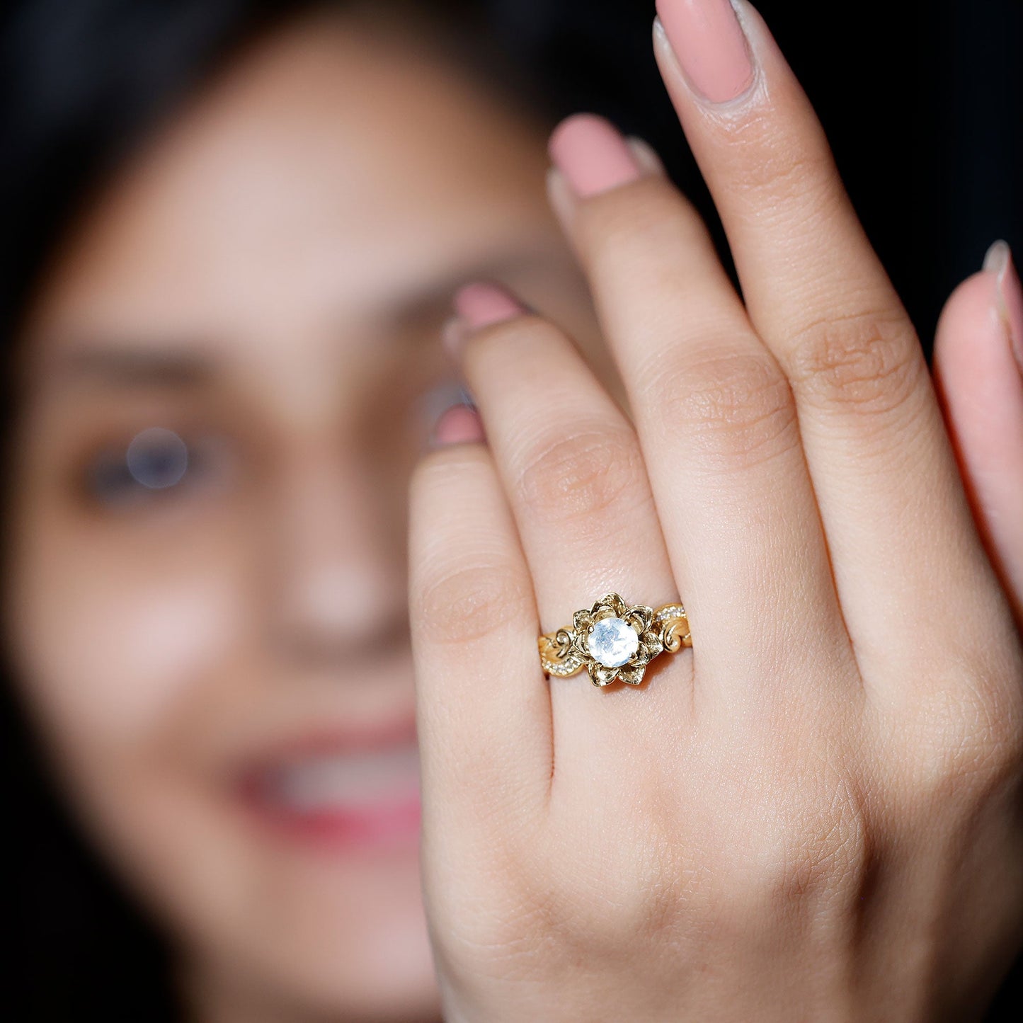Natural Moonstone Rose Flower Engagement Ring With Diamond