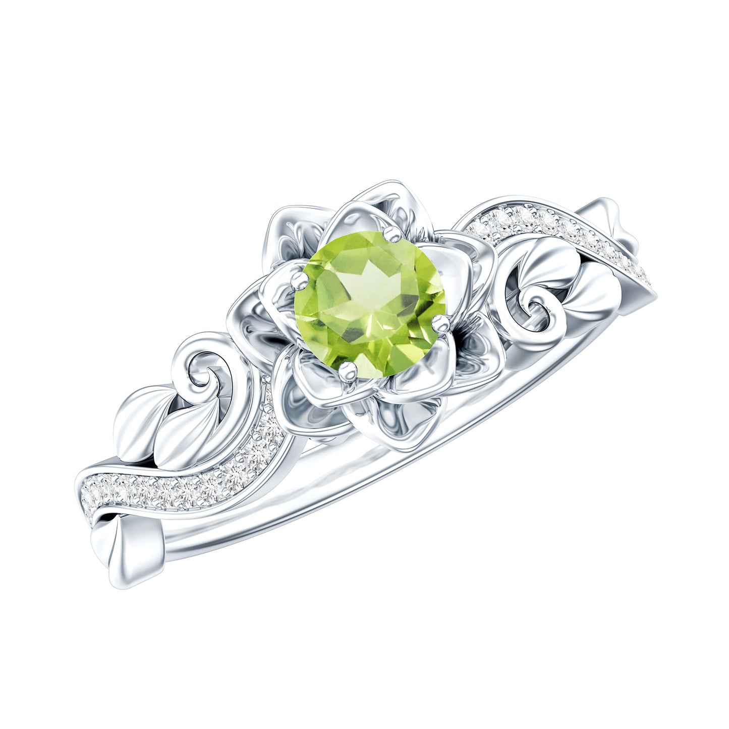Genuine Peridot and Diamond Flower Inspired Engagement Ring