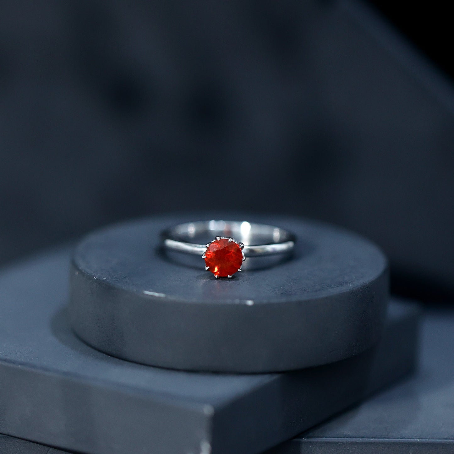 0.75 Carat Round Fire Opal Solitaire Ring in Lotus Basket Setting