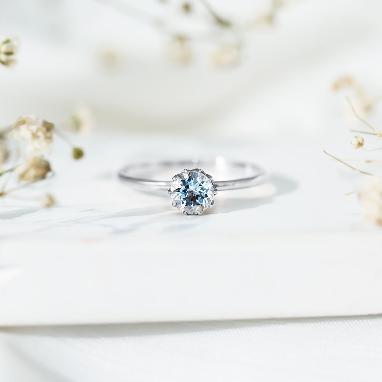 0.8 Carat Round Cut Aquamarine Solitaire Engagement Ring